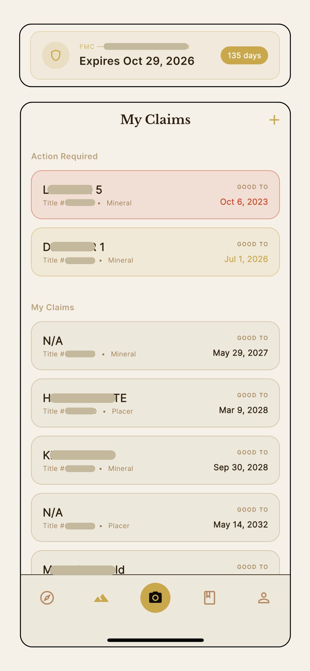 Bedrock claim dashboard showing FMC expiry and My Claims list