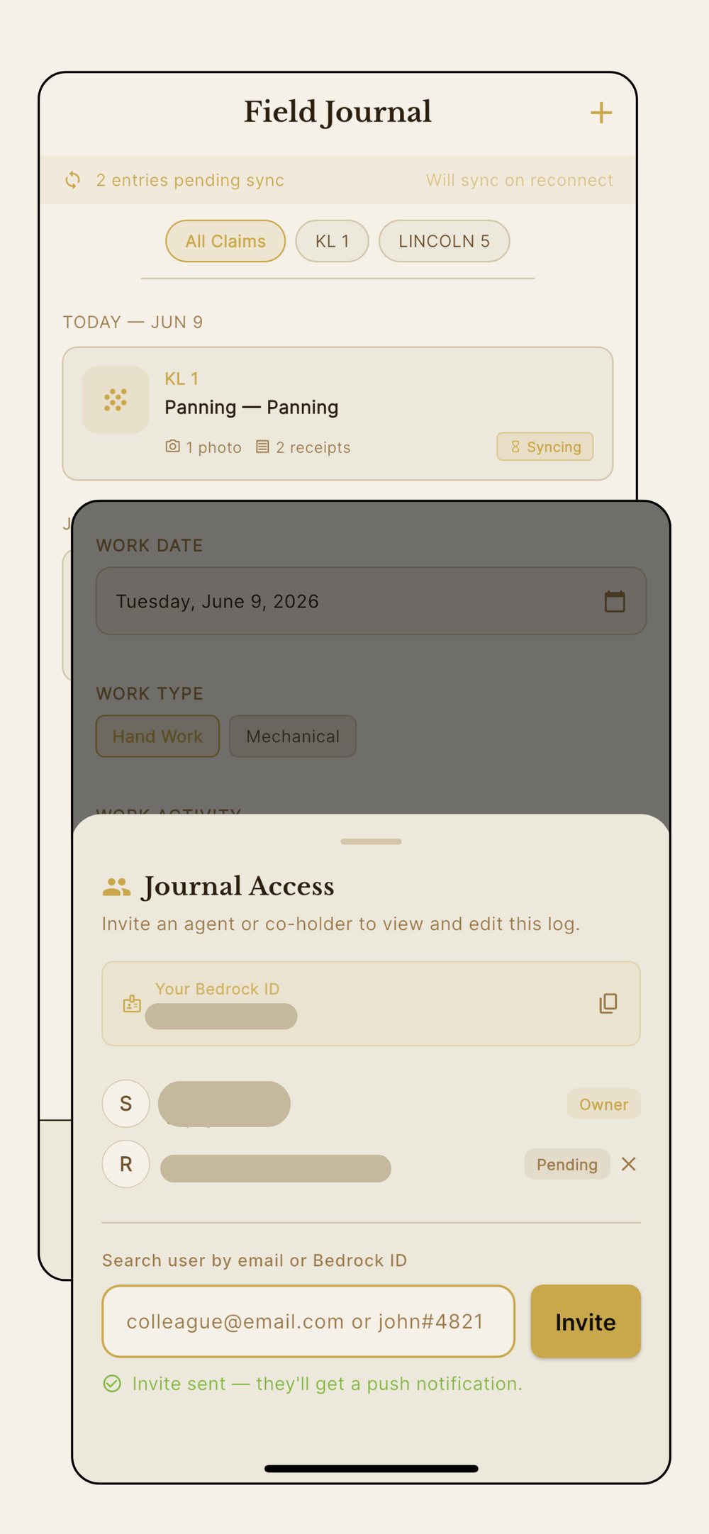 Bedrock field journal screen with a journal entry and Journal Access invite sheet