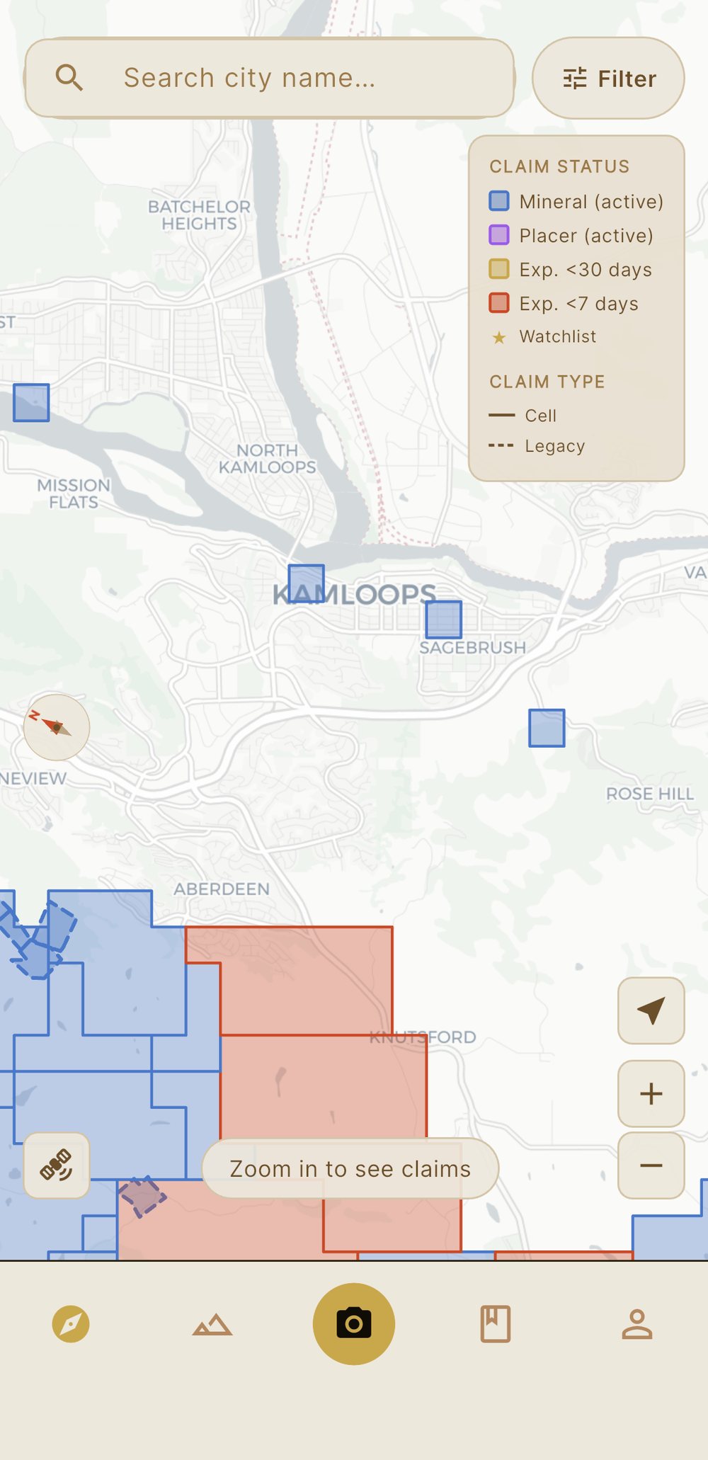Bedrock map screen showing BC mineral and placer claims colour-coded by status