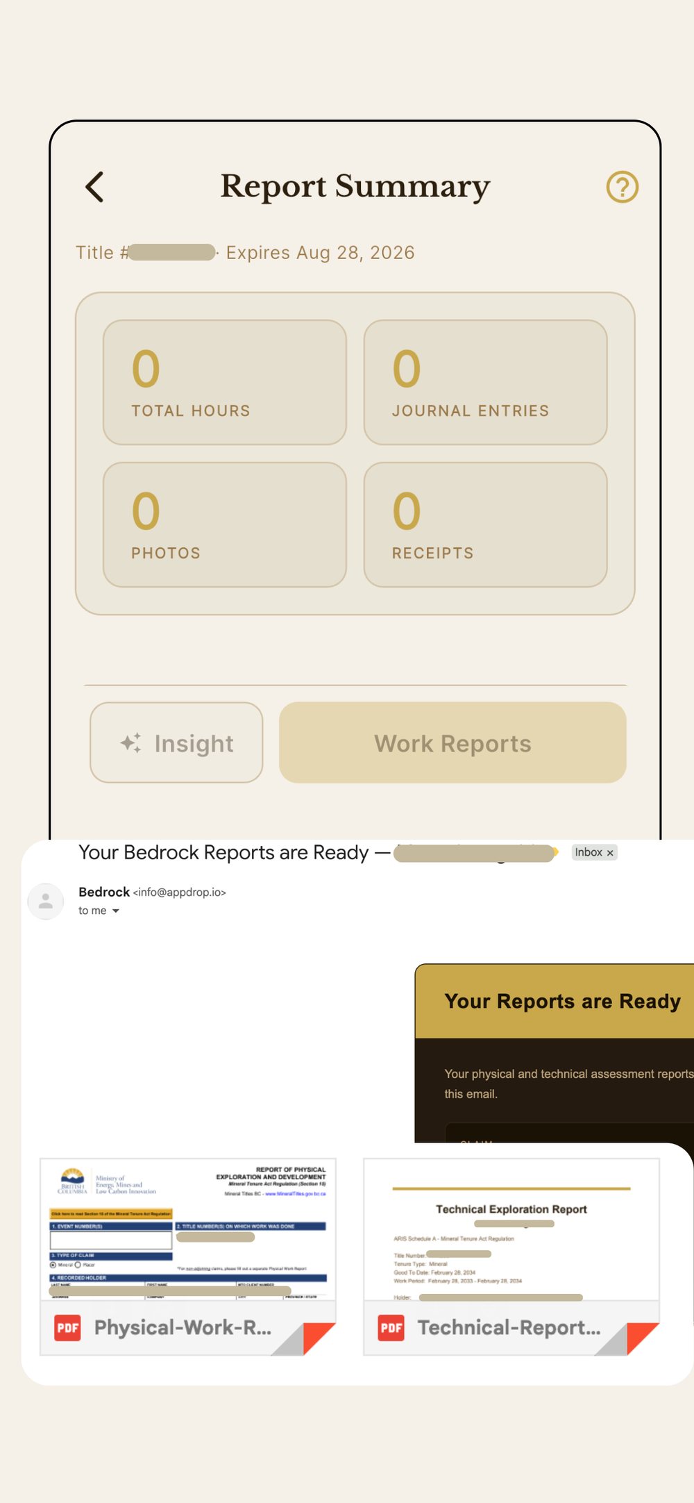 Bedrock report summary screen and the emailed Physical Work and Technical Report PDFs
